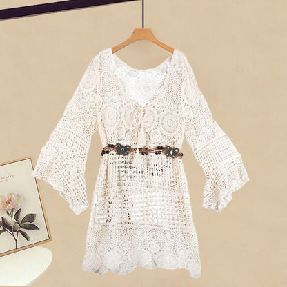 Brown Vintage Cardigan Suspender Dress Backless Hollow Coverup