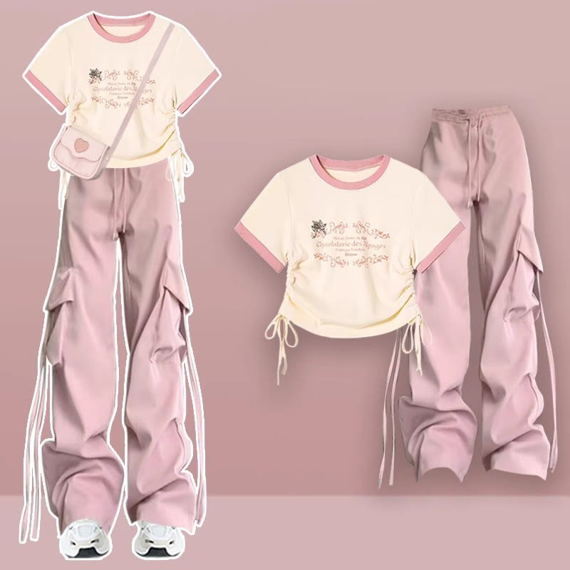 Cartoon Letter Pink Casual Shirt Cargo Pants