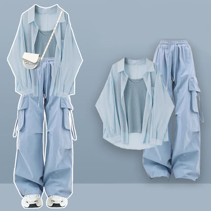Two Pieces Blue Cargo Top Casual Pants