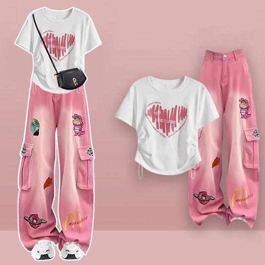 Pants Cargo Heart Cartoon Pink T-shirt