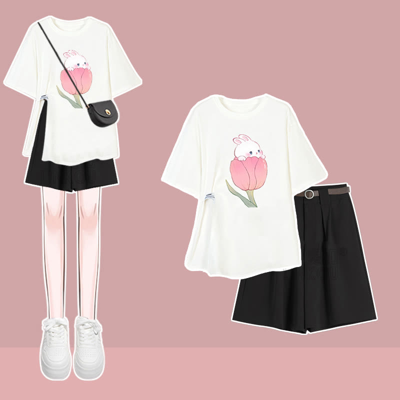 Cartoon Bunny Print T-Shirt Set