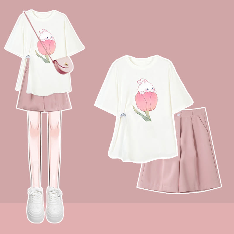 Cartoon Bunny Print T-Shirt Set