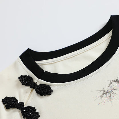 Print Vintage T-Shirt Skirt Pleated Bamboo Tassels