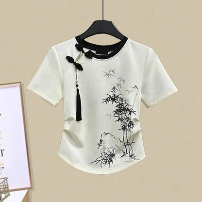 Print Vintage T-Shirt Skirt Pleated Bamboo Tassels