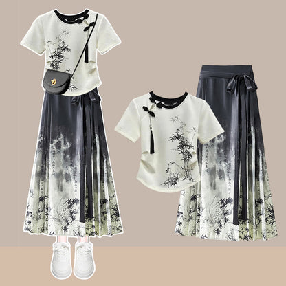 Print Vintage T-Shirt Skirt Pleated Bamboo Tassels