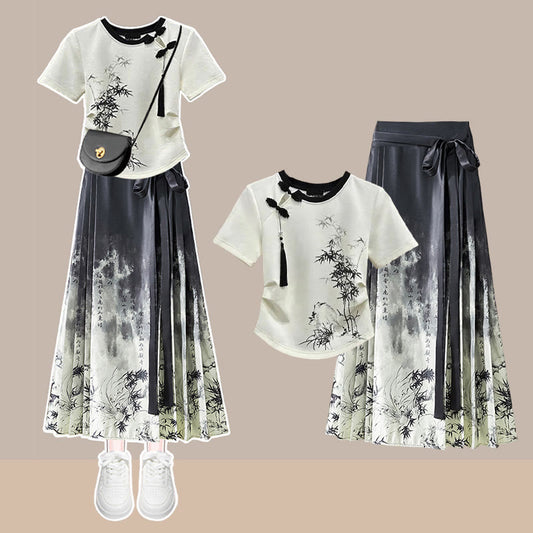 Vintage Bamboo Print Tassels T-Shirt Pleated Skirt