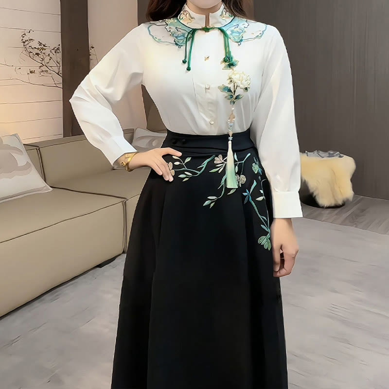 Embroidery Flower Tassel Shirt Flower Print Skirt Set