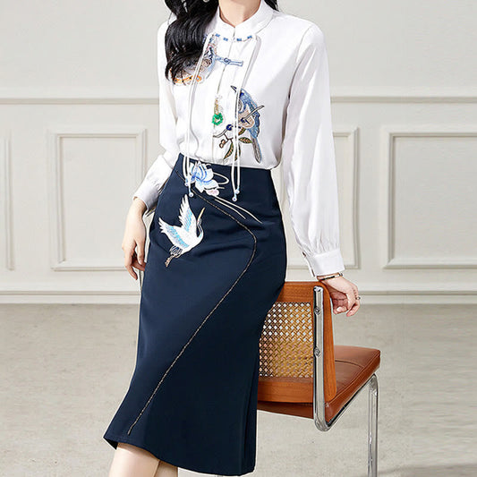 Elegant Floral Tassel Shirt Bird Print Skirt Set