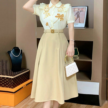 Skirt Set Embroidery Shirt Yellow Floral
