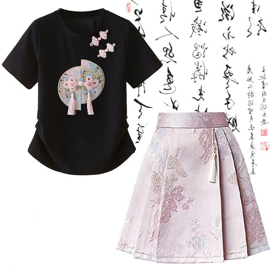 Sweet Print T-Shirt High Waist Pleated Skirt