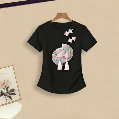 Casual Pink Vintage Painting Pants Buckle Wash T-Shirt