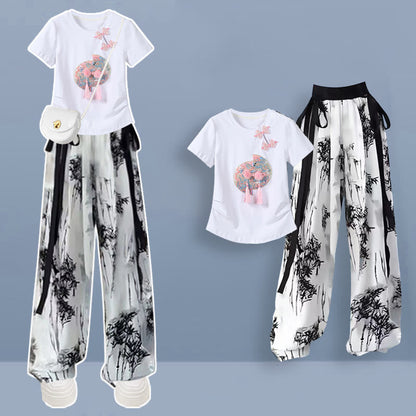 Casual Pink Vintage Painting Pants Buckle Wash T-Shirt