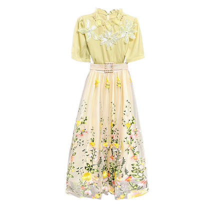 Flower Decor Skirt Set Shirt Embroidery Mesh