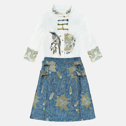 Print Bird Shirt Set Skirt Blossom