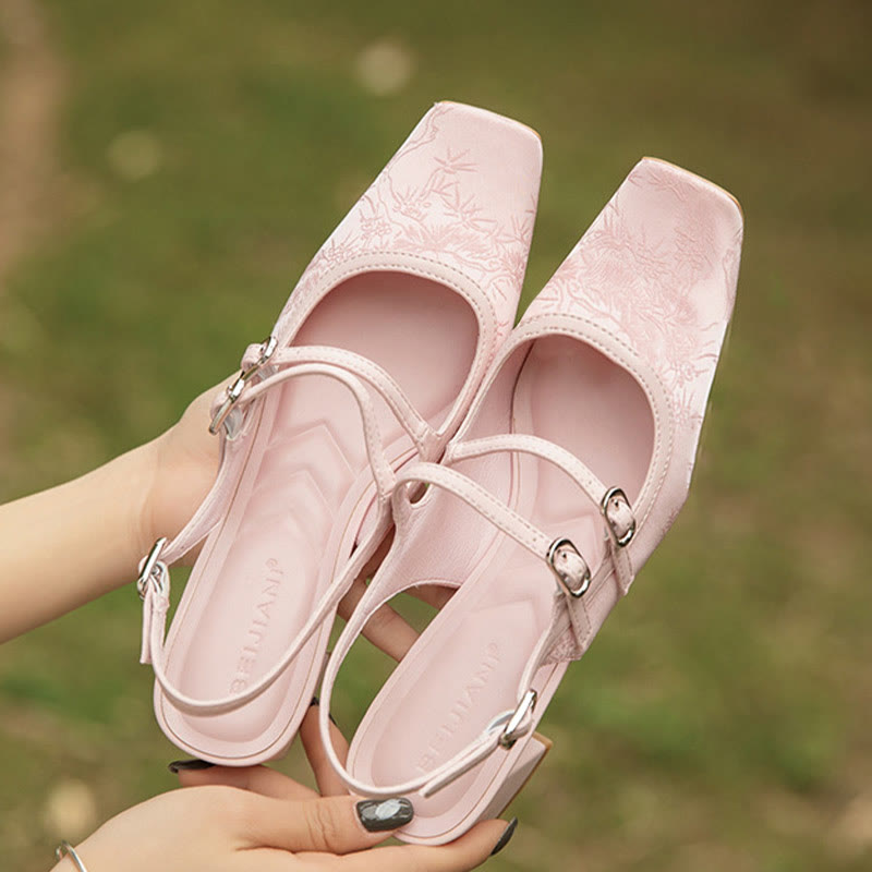 Sandales d'été à talons épais et motif floral vintage