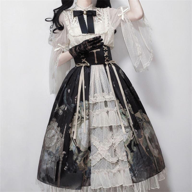 Lolita Elegant Bowknot Lace Shirt Clock Print High Waist Skirt