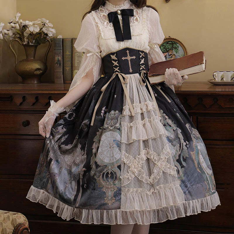 Lolita Elegant Bowknot Lace Shirt Clock Print High Waist Skirt