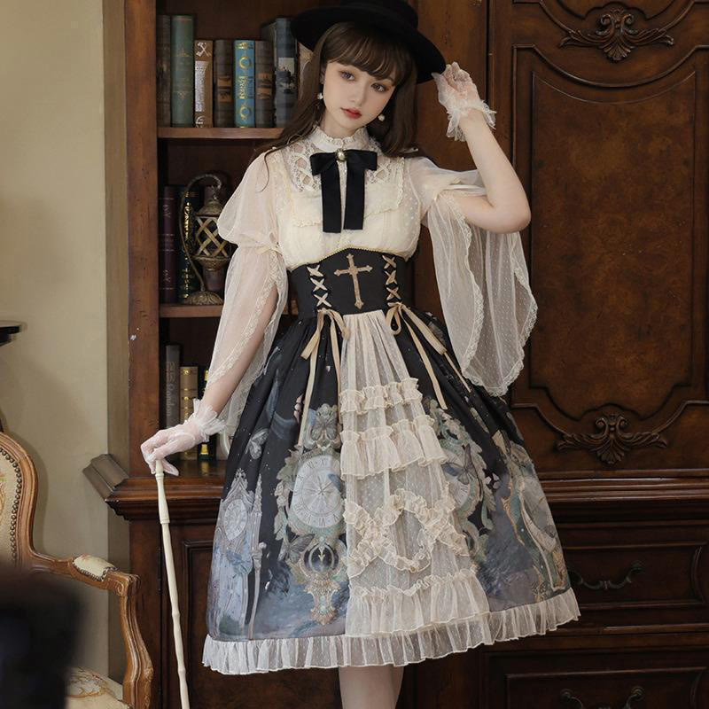 Lolita Elegant Bowknot Lace Shirt Clock Print High Waist Skirt