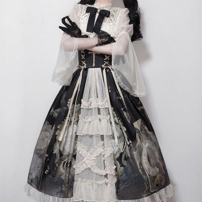 Lolita Elegant Bowknot Lace Shirt Clock Print High Waist Skirt