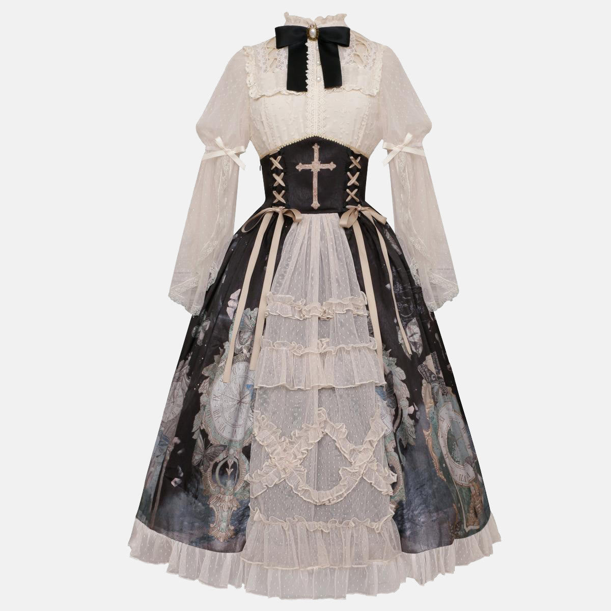 Lolita Elegant Bowknot Lace Shirt Clock Print High Waist Skirt