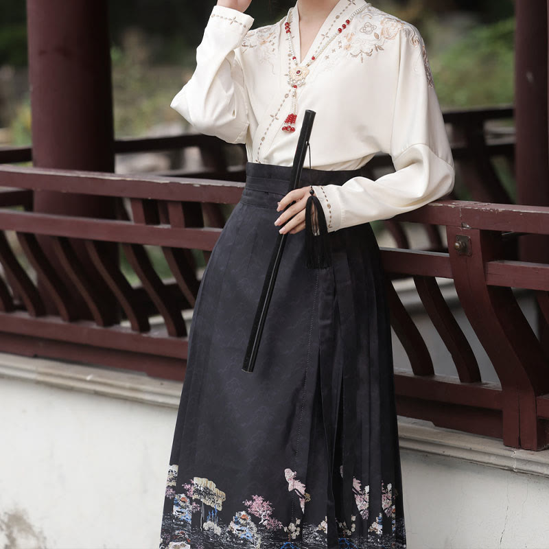 Skirt Shirt Print V-neck Vintage Pleated