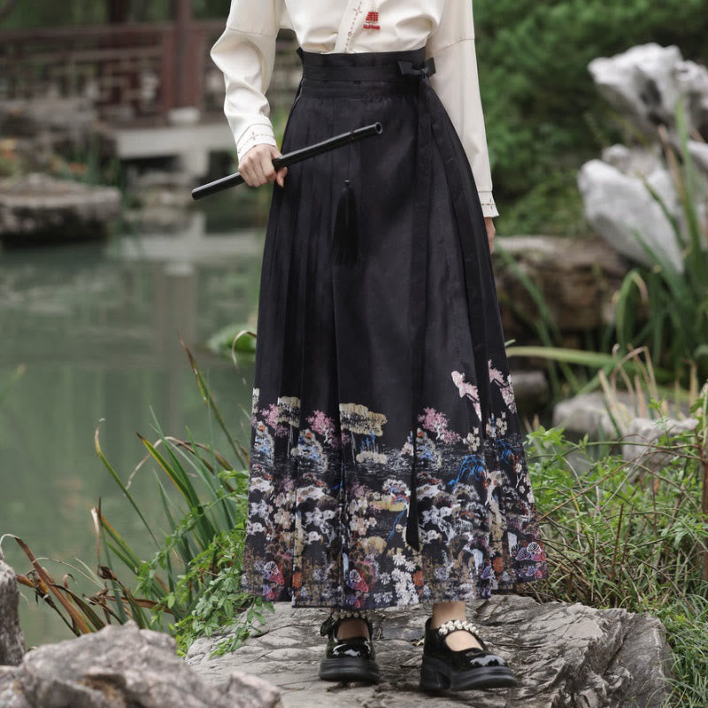 Elegant V-neck Long Sleeve Shirt Vintage Print Pleated Skirt