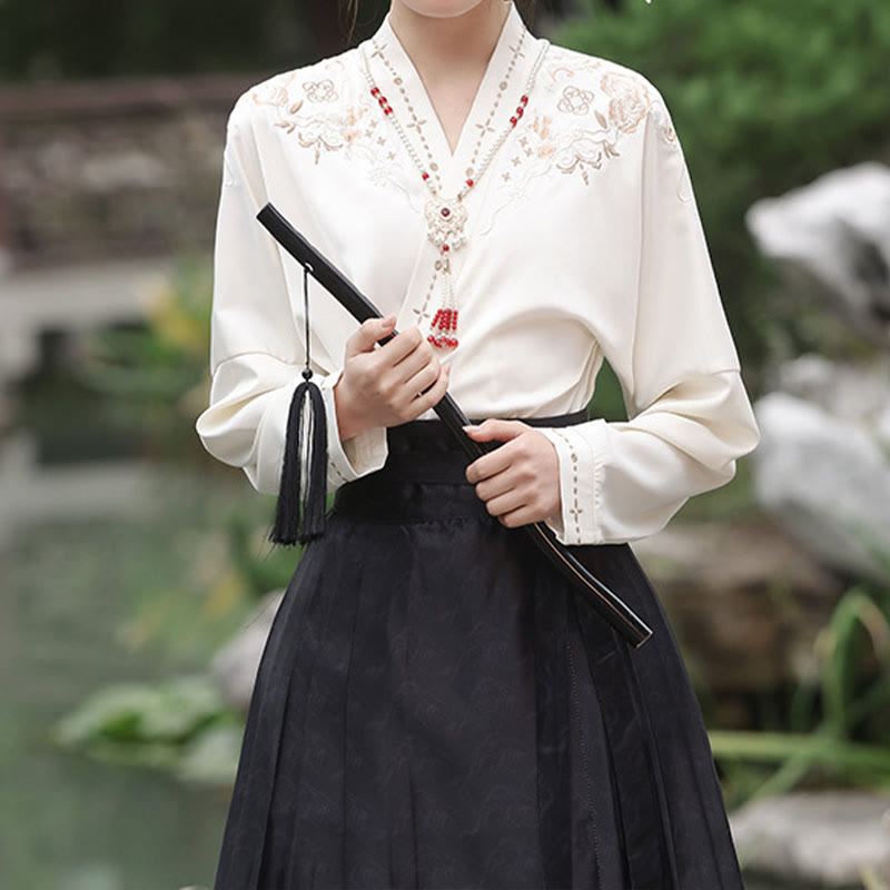 Elegant V-neck Long Sleeve Shirt Vintage Print Pleated Skirt