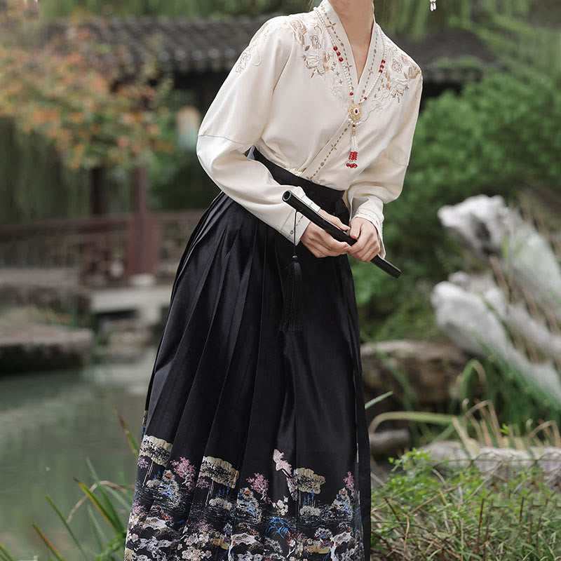 Skirt Shirt Print V-neck Vintage Pleated