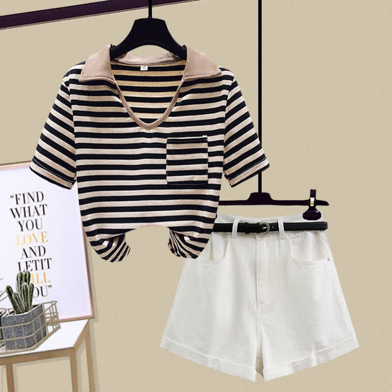 T-Shirt Stripe Denim Pocket Shorts Top Crop