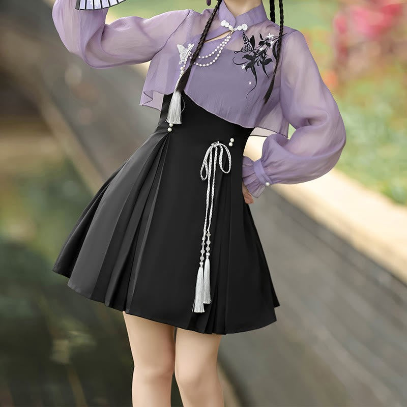 3D Butterfly Pearl Slip Top Dress Lace-up Decor