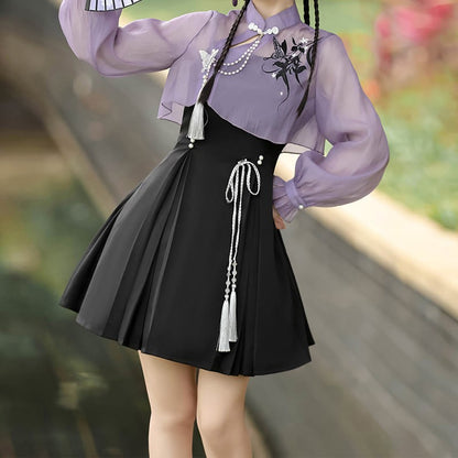 3D Butterfly Pearl Slip Top Dress Lace-up Decor