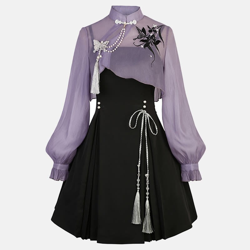 3D Butterfly Pearl Slip Top Dress Lace-up Decor