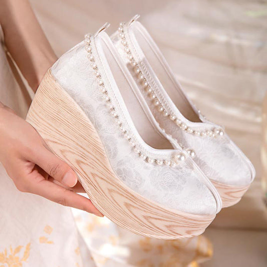 Elegant Pearl Decor Vintage Platform Shoes