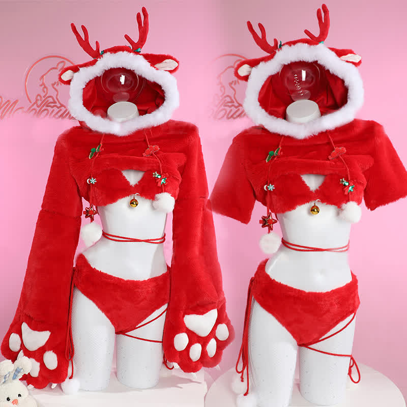 Cosplay Cartoon Deer Paw Hooded Plush Lingerie Set