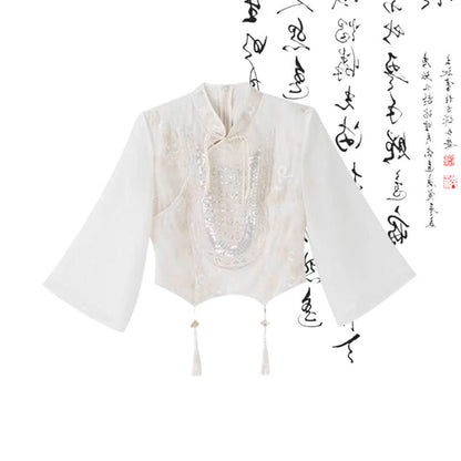 Schickes Langarmhemd mit Schnalle und Quaste, eleganter Faltenrock