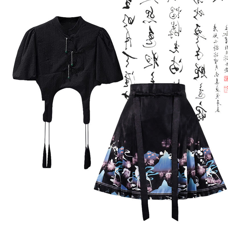 Elegant Buckle Tassel Shirt High Waist Pleated Skirt