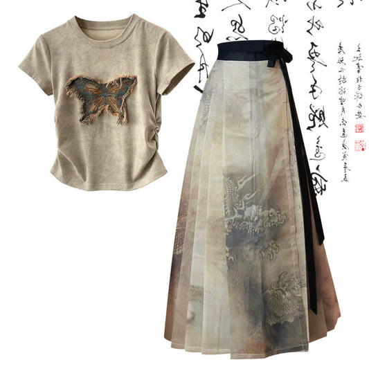 Vintage Butterfly Print T-Shirt Painting Pleated Skirt