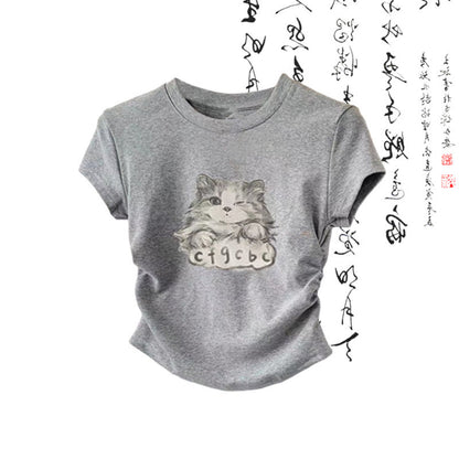 T-Shirt mit Cartoon-Katzen-Print, lockere Hose mit Wash-Painting-Print