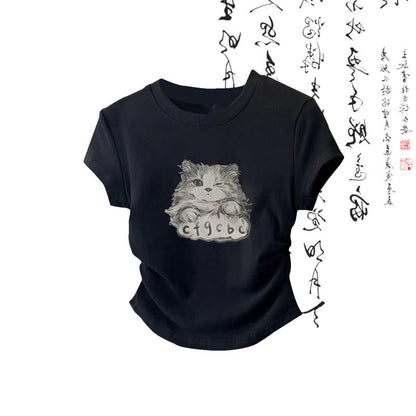 T-Shirt mit Cartoon-Katzen-Print, lockere Hose mit Wash-Painting-Print