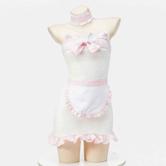 Robe tablier de femme de chambre en peluche avec nœud rose