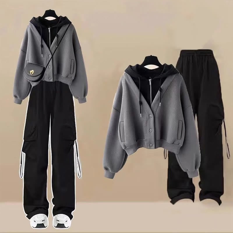 Colorblock Cargo Pants Two Pocket Zipper Pieces Hoodie