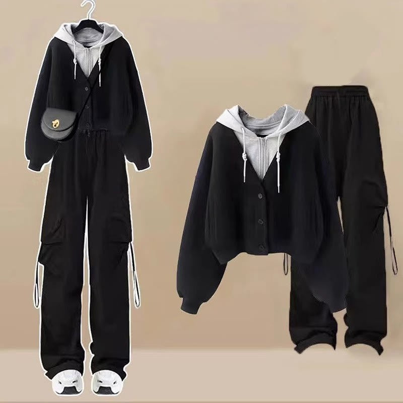 Colorblock Cargo Pants Two Pocket Zipper Pieces Hoodie