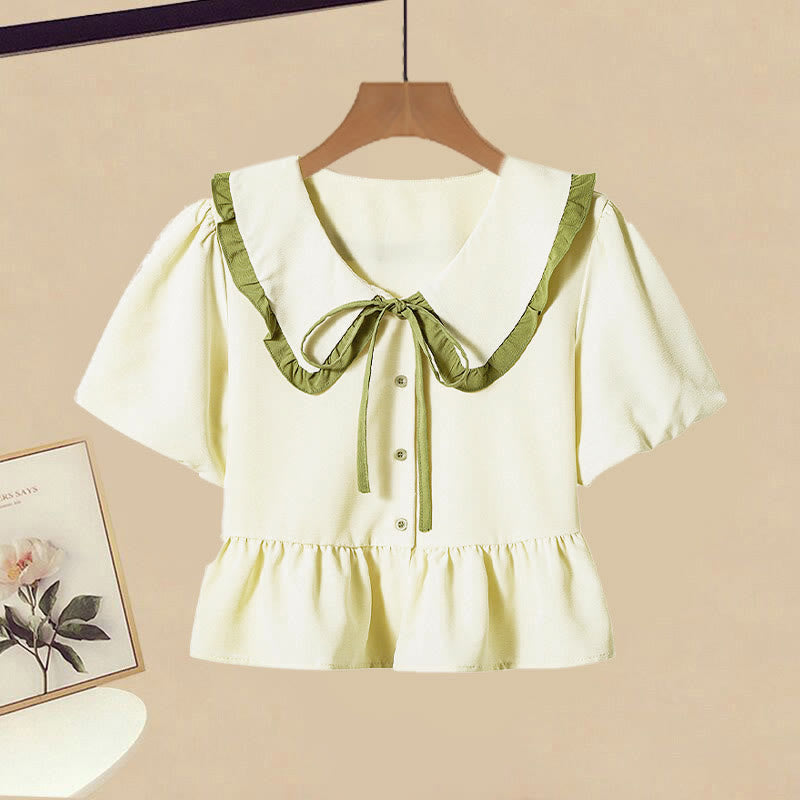 Two Top Pants Bow Pieces Green Casual