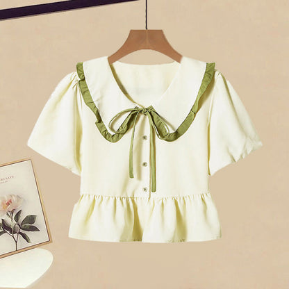 Two Top Pants Bow Pieces Green Casual