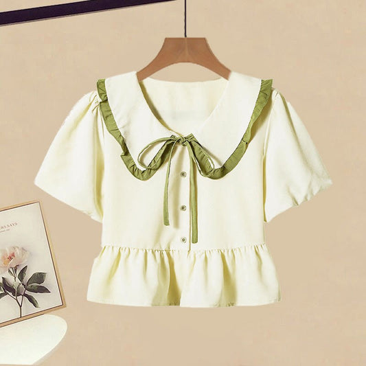 Two Top Pants Bow Pieces Green Casual
