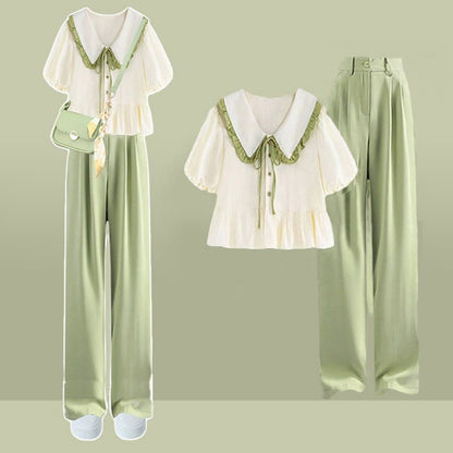 Two Top Pants Bow Pieces Green Casual