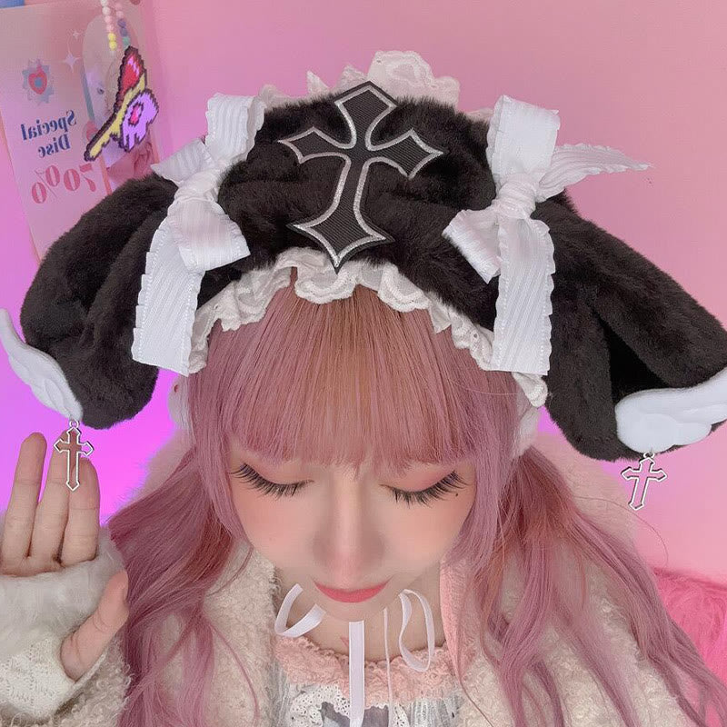 Chapeau en peluche Lolita avec nœud papillon et croix décorative