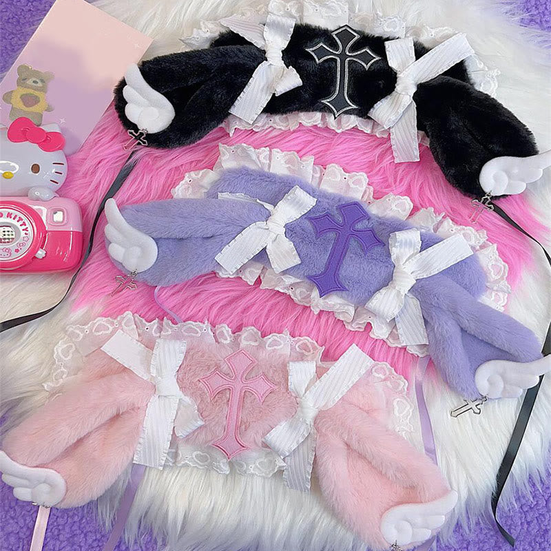 Chapeau en peluche Lolita avec nœud papillon et croix décorative