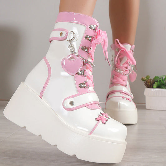 Y2K Heart Decor Lace Up Platform Lolita Martin Boots