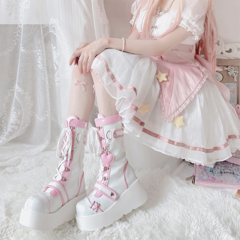 Y2K Heart Decor Lace Up Platform Lolita Martin Boots